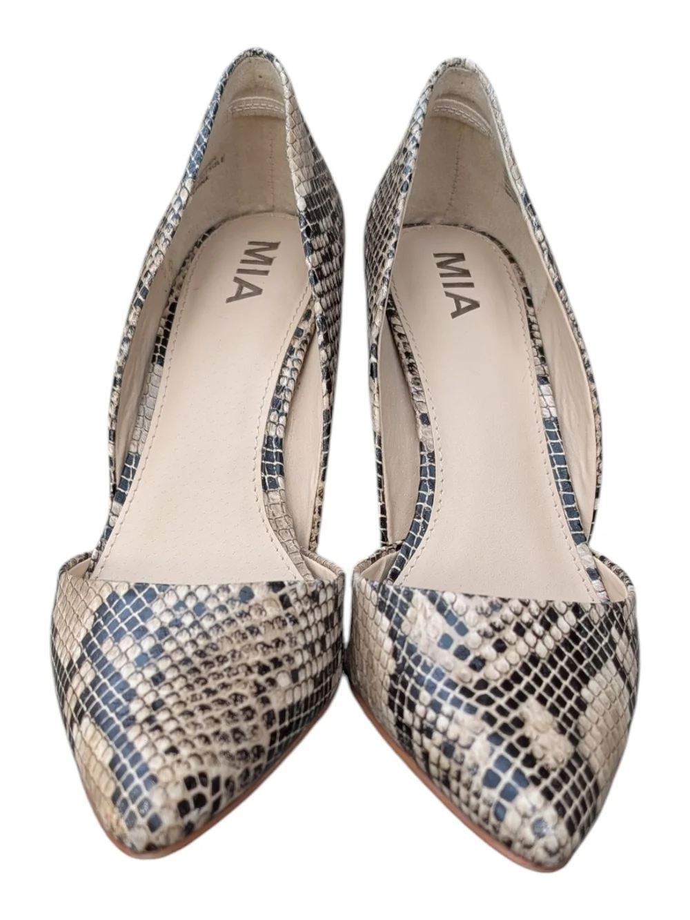 MIA Snake-Print Pointed Toe Pumps in Beige and Black